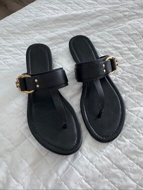 Tory Burch Black Leather Toe-Post Sandals with Gold Buckle Accent